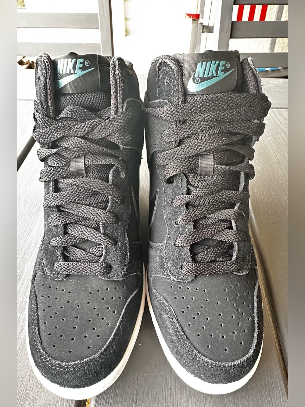 Nike Suede Dunk Sky Hi Black Gum Essential Hidden Wedge 644877-011 Womens 6.5